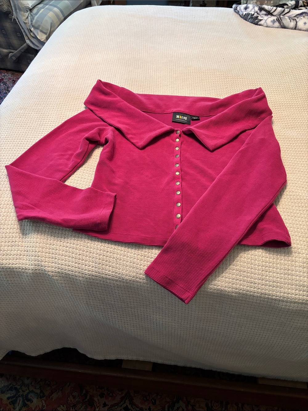 MAEVE by Anthropologie Hot Pink Ribbed Off-Shoulder Snap Cardigan